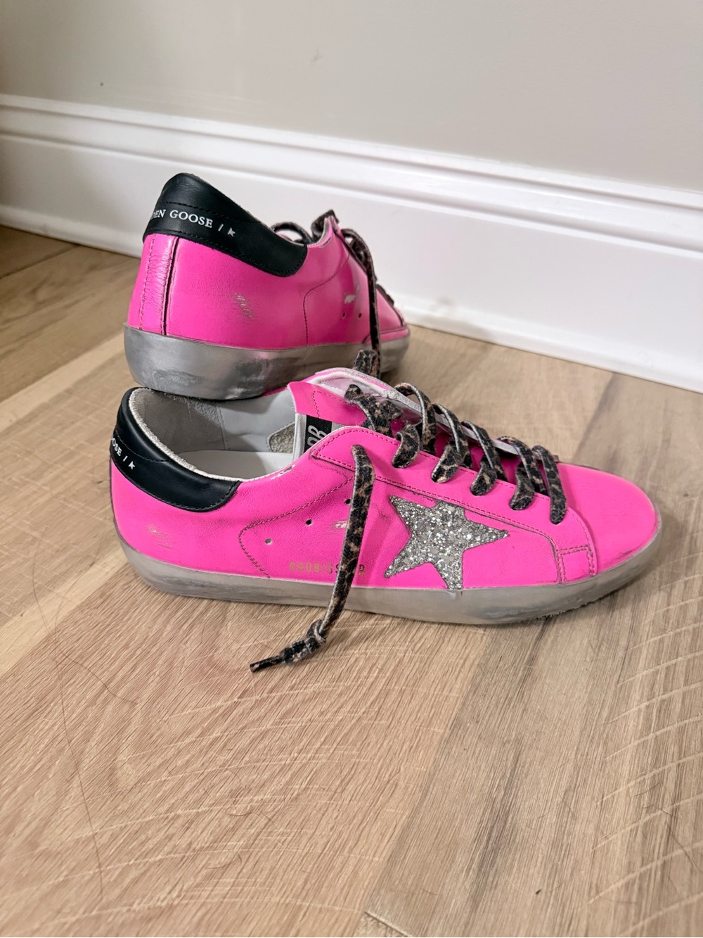 Golden Goose Hot Pink Leather Sneakers with Silver Glitter Star